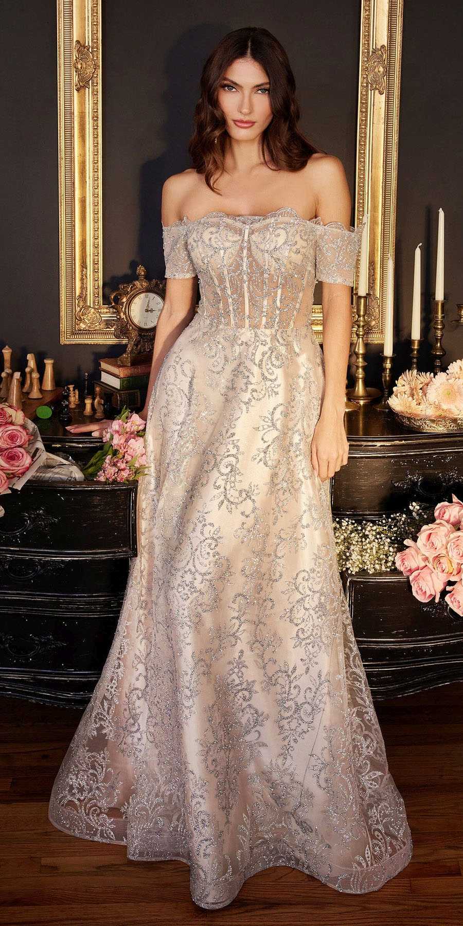 Ladivine J835 Floor Length Off the Shoulder A-line Glitter Print Gown by DiscountDressShop