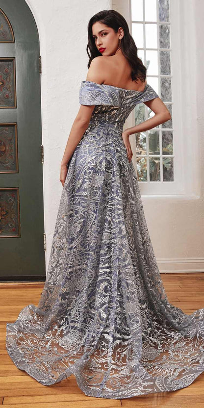 Ladivine J836 Long Off the Shoulder Lace Gown with Over Skirt by DiscountDressShop