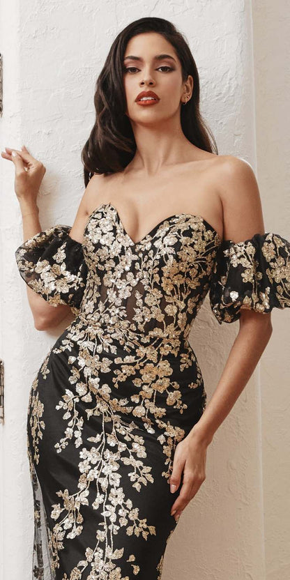 Ladivine J844 Strapless Glitter Floral Print Gown with Detachable Puff Sleeves by DiscountDressShop