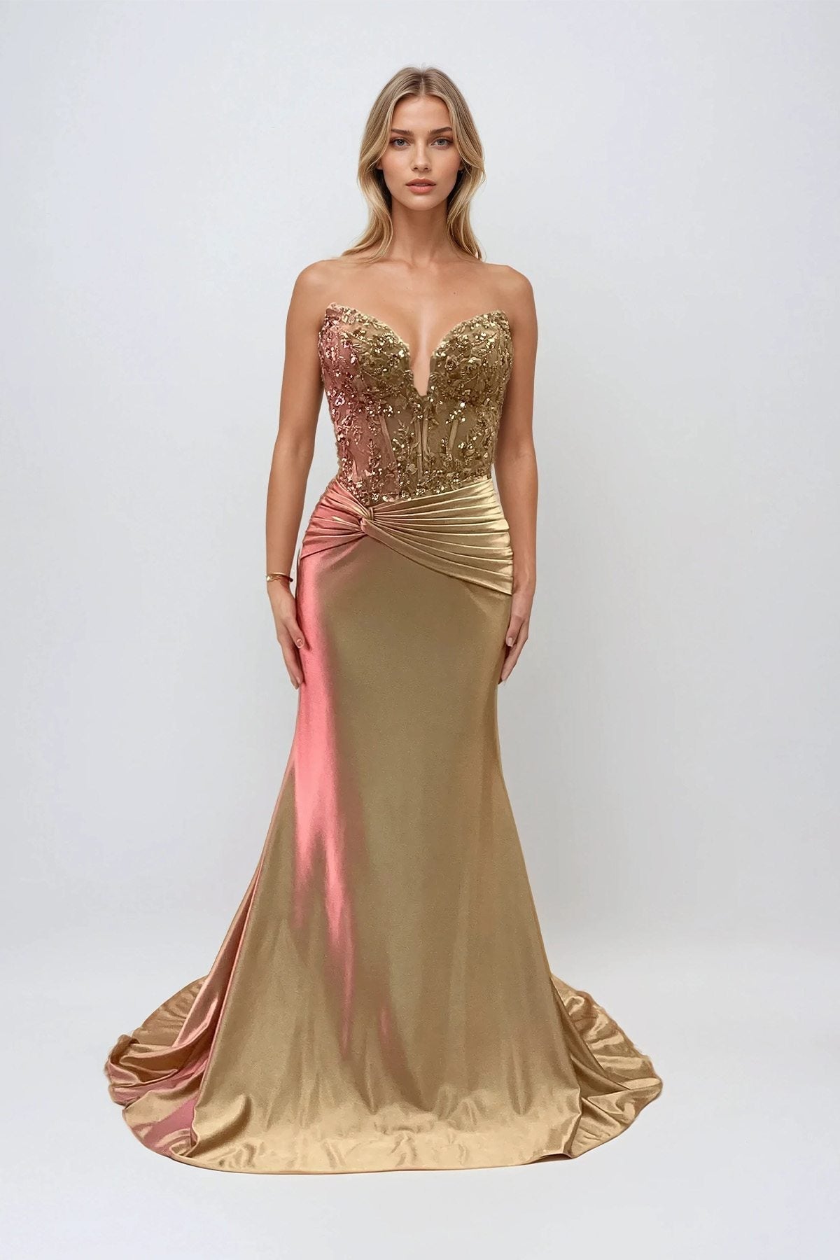 Juliet JT2534K Strapless Sweetheart Boned Corset Satin Prom Gown by DiscountDressShop