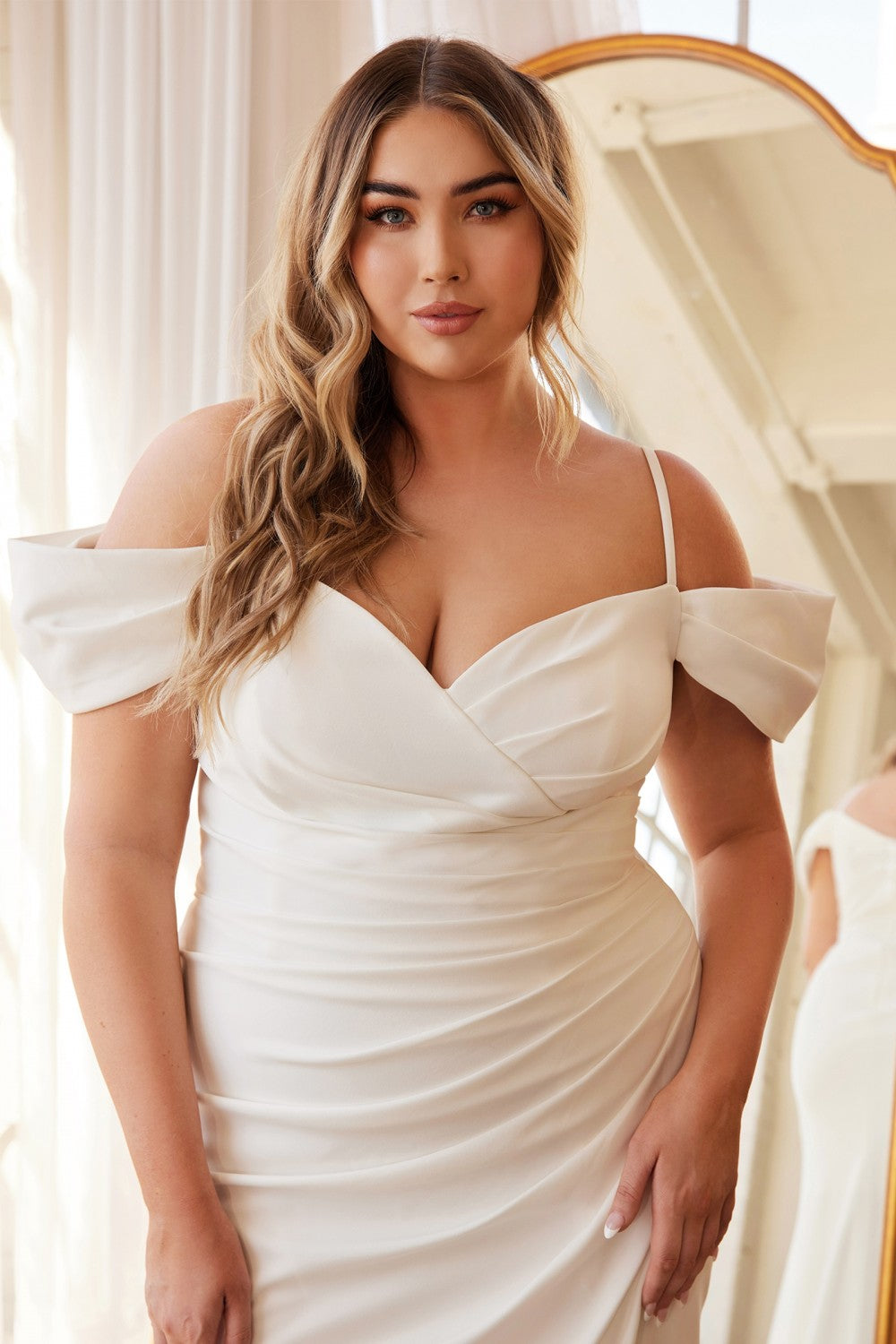 Cinderella Divine KV1057WC Crepe Off the Shoulder Dress by DiscountDressShop
