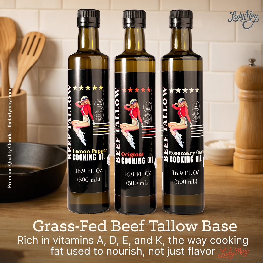 Cooking Oil Trio Bundle | Grass-Fed Beef Tallow &amp; Olive Oil | Original, Rosemary Garlic &amp; Lemon Pepper | Clean High-Heat Cooking from Our Restaurant Kitchen by The Lady May