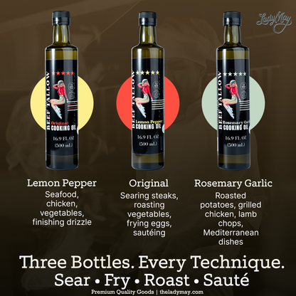 Cooking Oil Trio Bundle | Grass-Fed Beef Tallow &amp; Olive Oil | Original, Rosemary Garlic &amp; Lemon Pepper | Clean High-Heat Cooking from Our Restaurant Kitchen by The Lady May