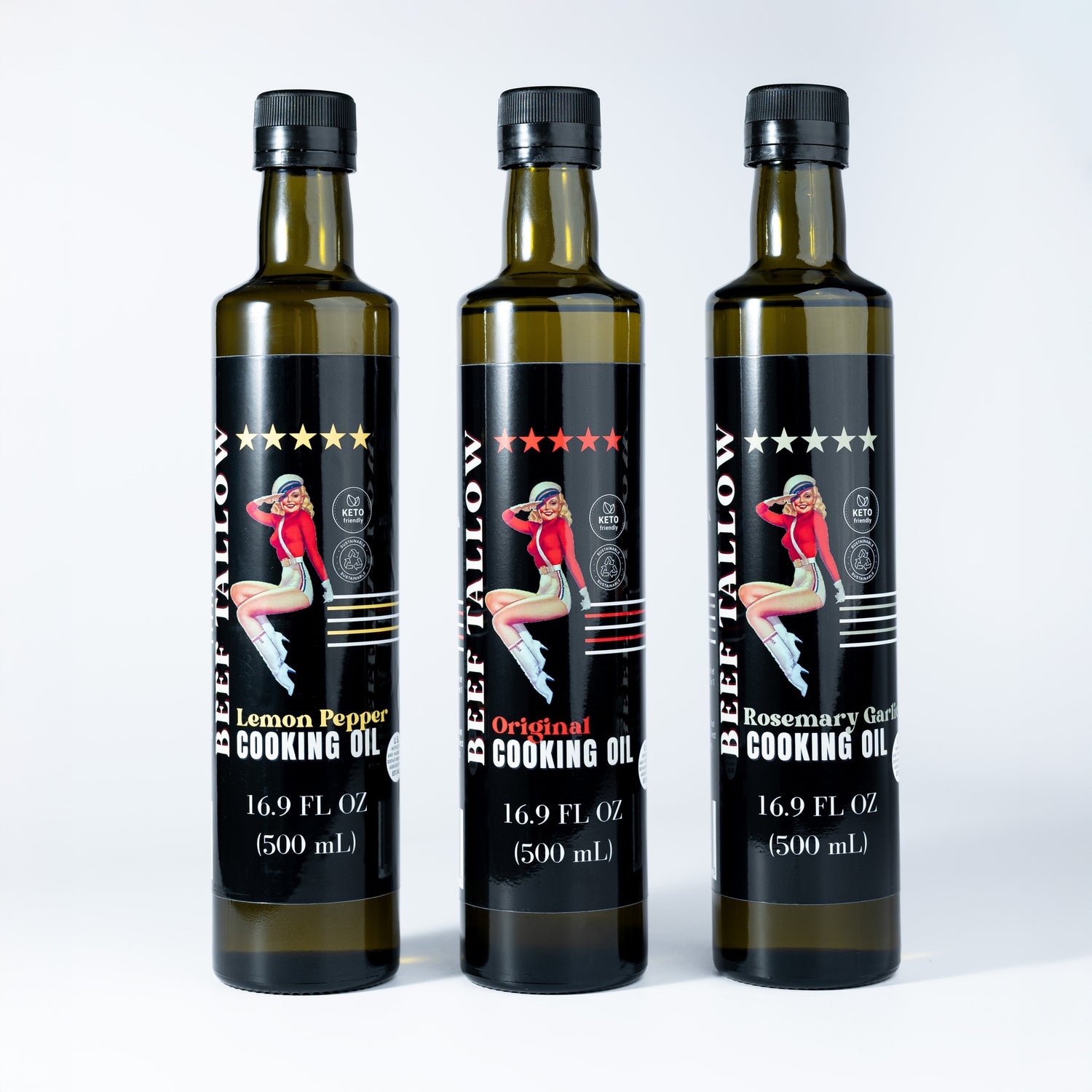 Cooking Oil Trio Bundle | Grass-Fed Beef Tallow &amp; Olive Oil | Original, Rosemary Garlic &amp; Lemon Pepper | Clean High-Heat Cooking from Our Restaurant Kitchen by The Lady May