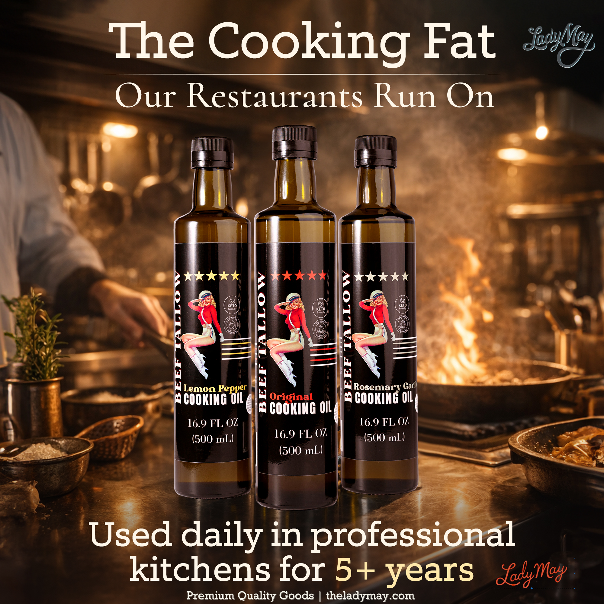Cooking Oil Trio Bundle | Grass-Fed Beef Tallow &amp; Olive Oil | Original, Rosemary Garlic &amp; Lemon Pepper | Clean High-Heat Cooking from Our Restaurant Kitchen by The Lady May