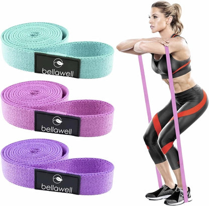 Long Resistance Bands 3 Strengths Purple, Pink and Green by Bellawell Health