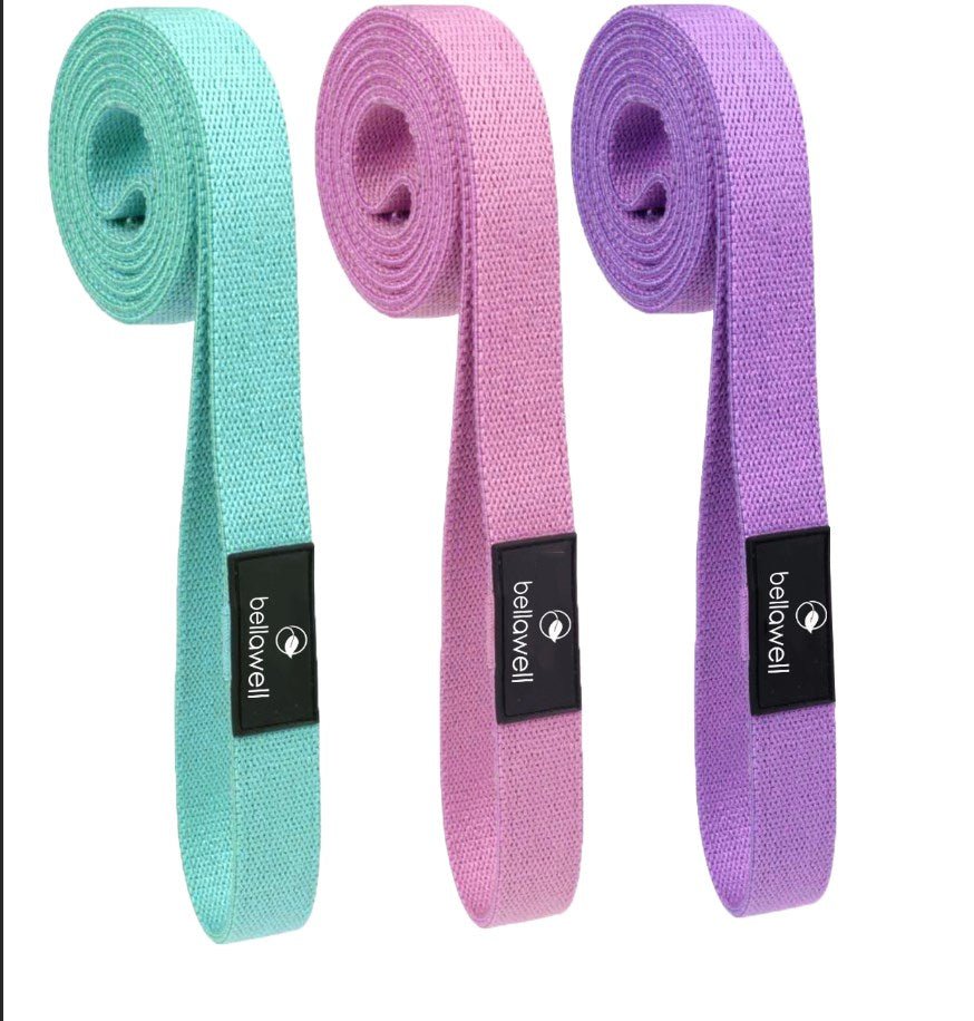 Long Resistance Bands 3 Strengths Purple, Pink and Green by Bellawell Health