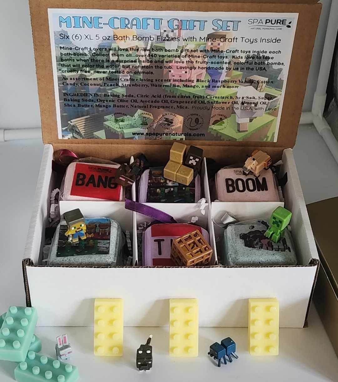 Bath Bombs for Kids with MineCrafter Toys Inside - BANG - BOOM - TNT - MADE in US, Natural Ingredients (6 Count) Pack of 1 by Spa Pure