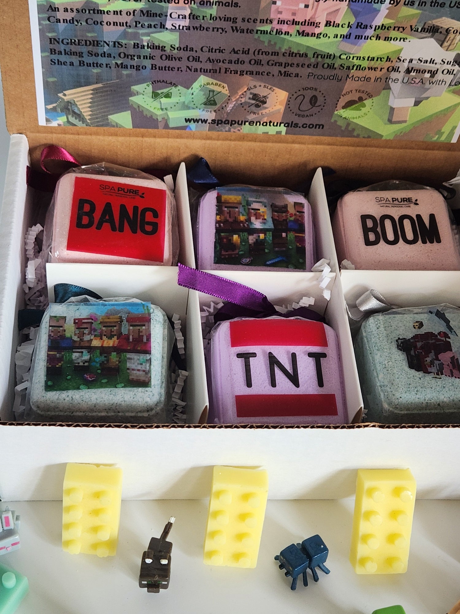 Bath Bombs for Kids with MineCrafter Toys Inside - BANG - BOOM - TNT - MADE in US, Natural Ingredients (6 Count) Pack of 1 by Spa Pure