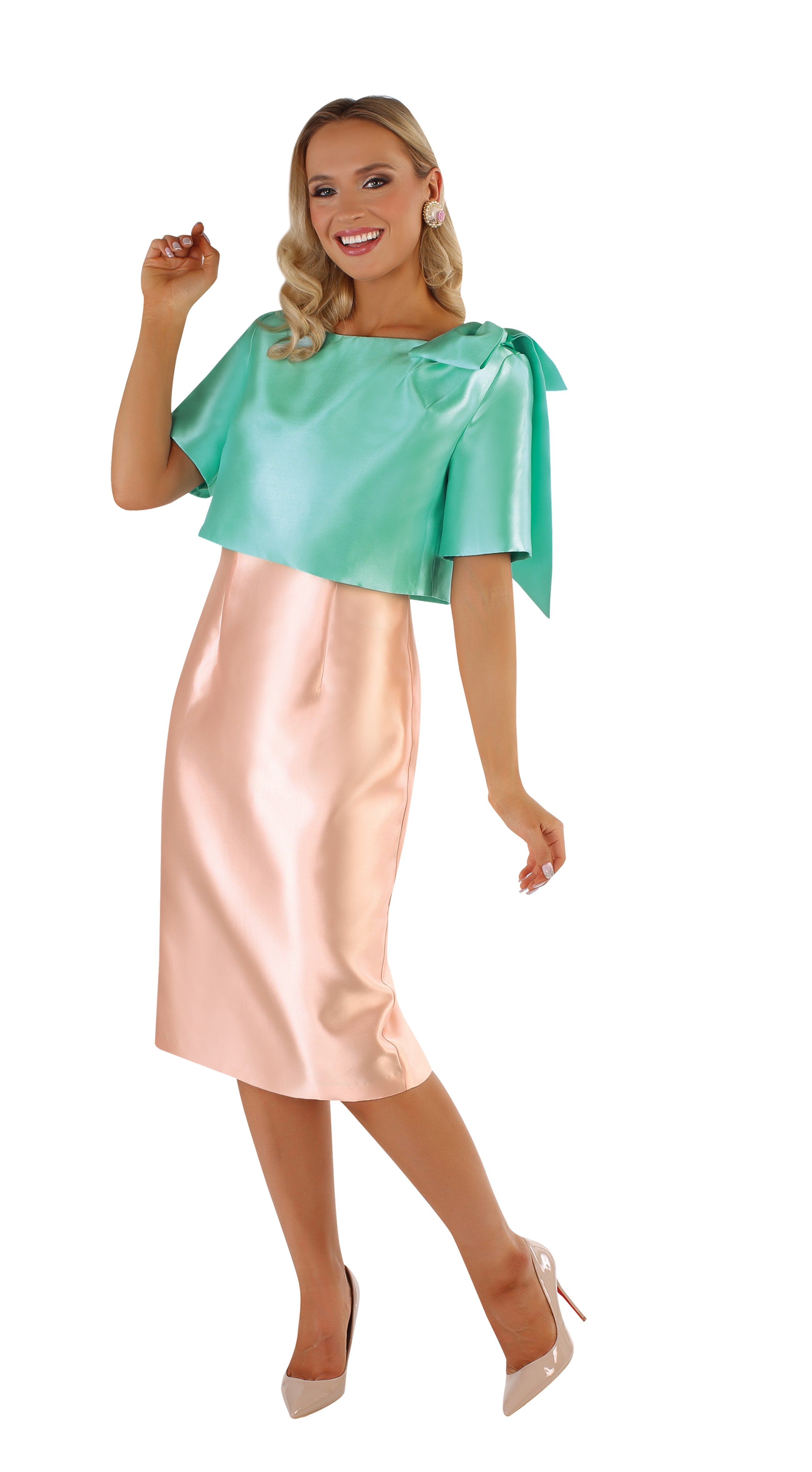 Mint &amp; Blush Two-Tone Satin Dress with Bow Detail - 9541 by Tally Taylor