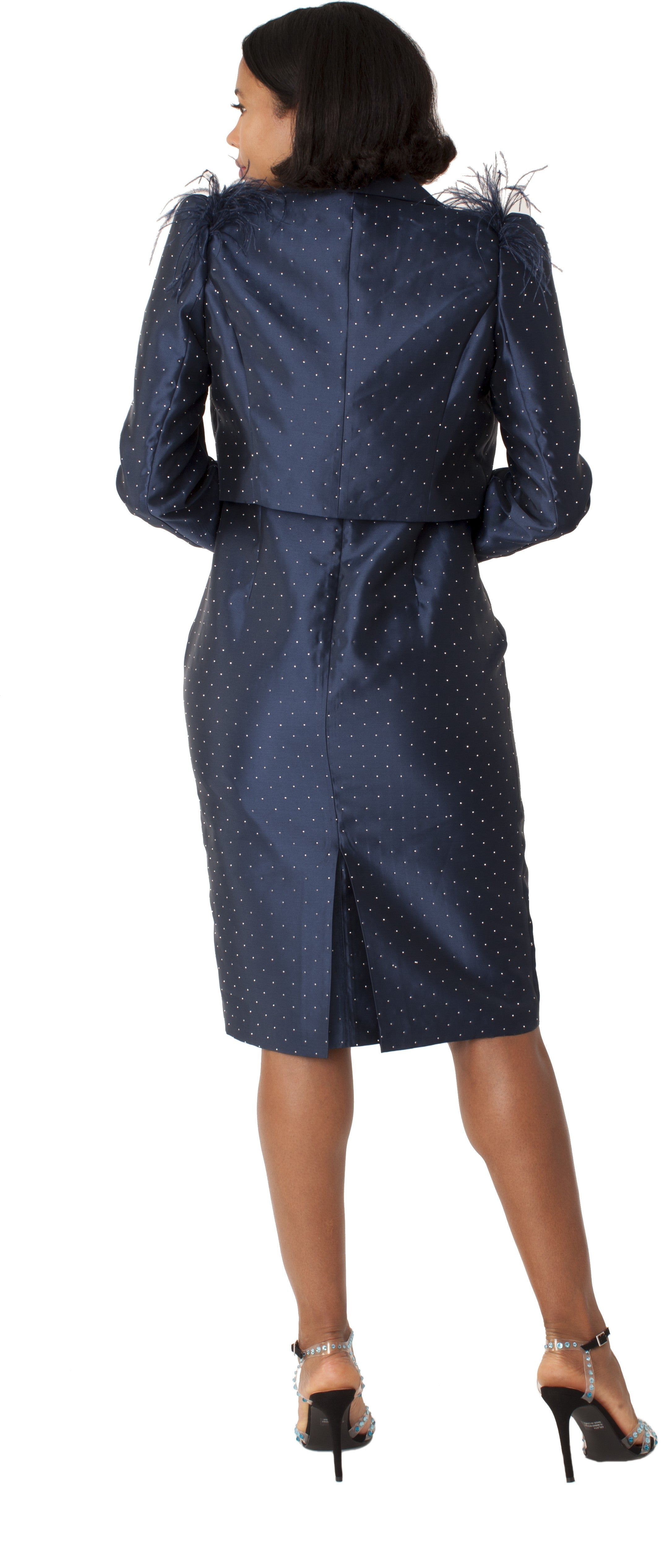 Navy Cocktail Dress and Jacket with Rhinestones &amp; Feathered Shoulders - 9766 by Tally Taylor