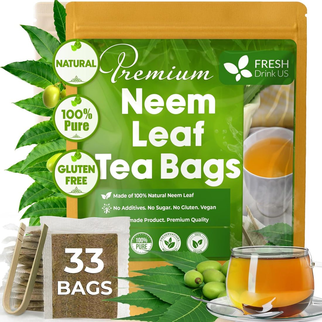 Neem Leaf Tea Bags, 100% Natural and Pure from Neem Leaves. Loose Leaf Neem Herbal Tea. Neem Leaf Tea. No Sugar, No Caffeine, No Gluten, Vegan. by FreshDrinkUS - Natural and Premium Herbal Tea