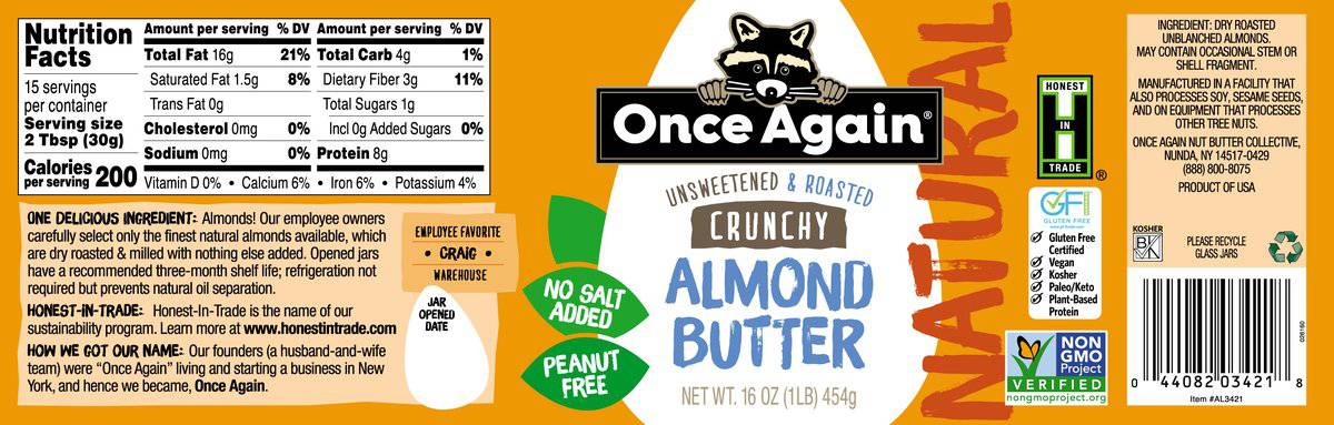 Almond Butter, Crunchy, No Salt by Country Life Natural Foods