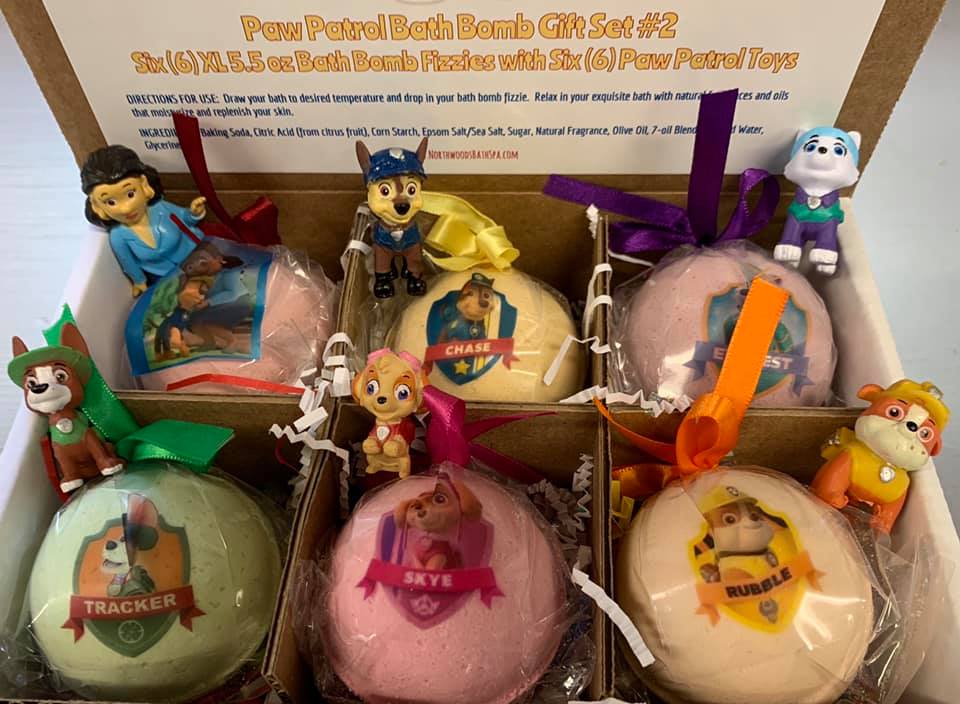 6 XL Bath bombs with Surprise PAWs Patrol toys inside, collect them all, USA made by Spa Pure