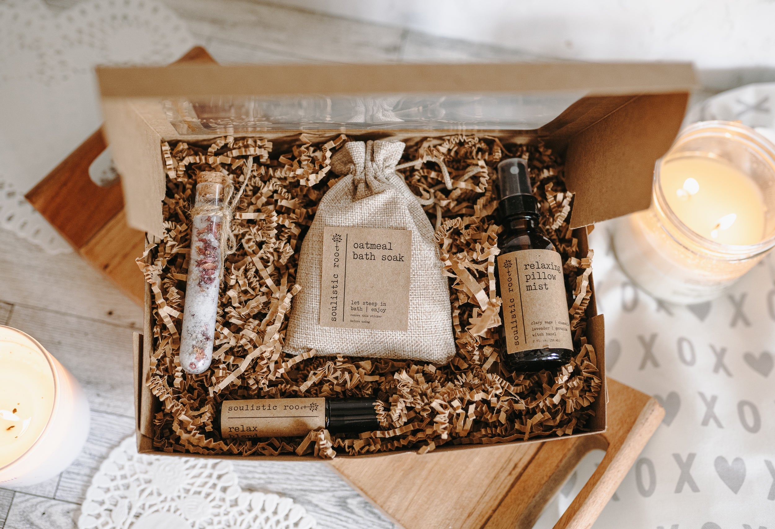 Gift Set - Pillow Spray, Relax Roller, Oatmeal Soak &amp; Rose Test Tubes by Soulistic Root