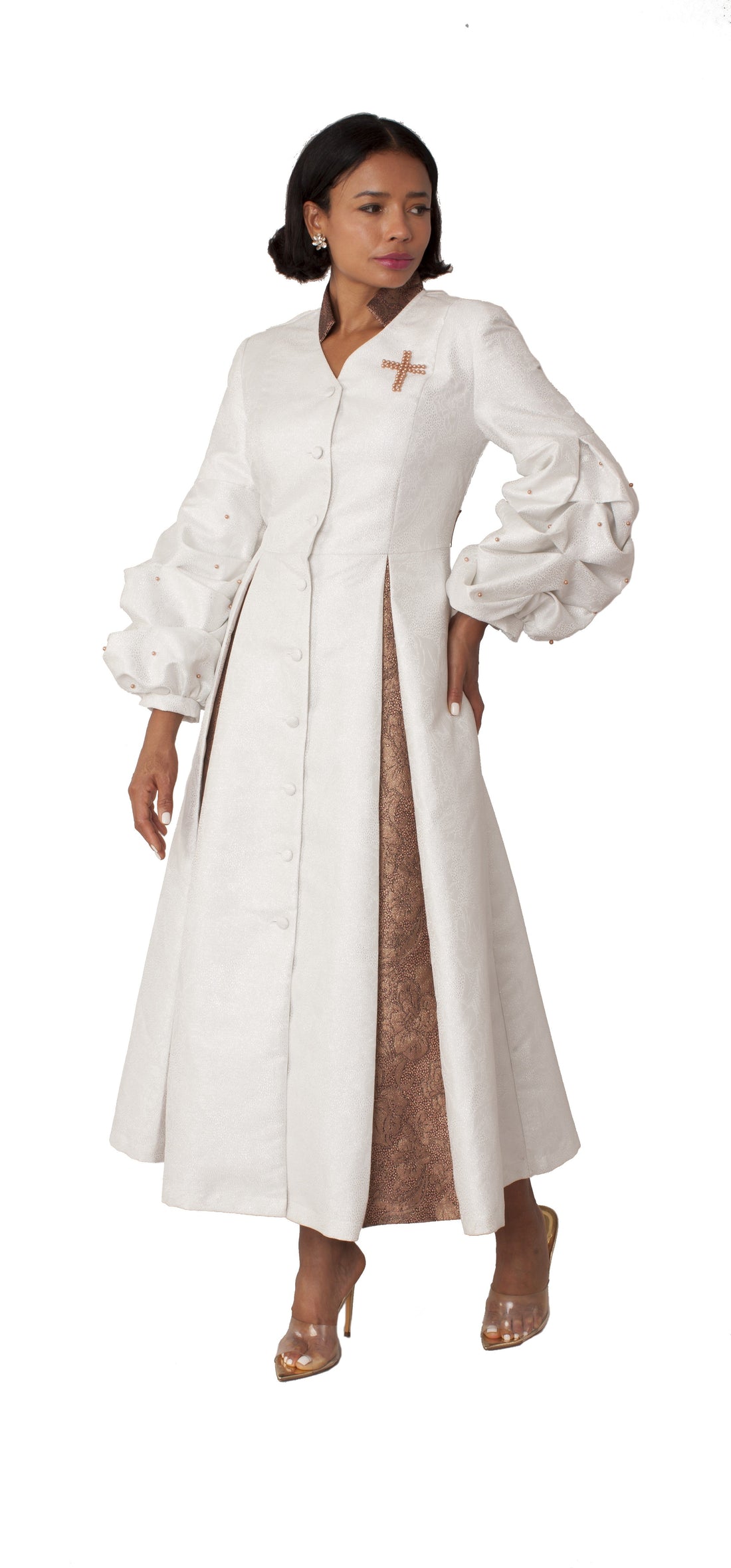 Plus Size Formal Church Coat Dress with Puff Sleeves and Pearl Cross – 4850W by Tally Taylor