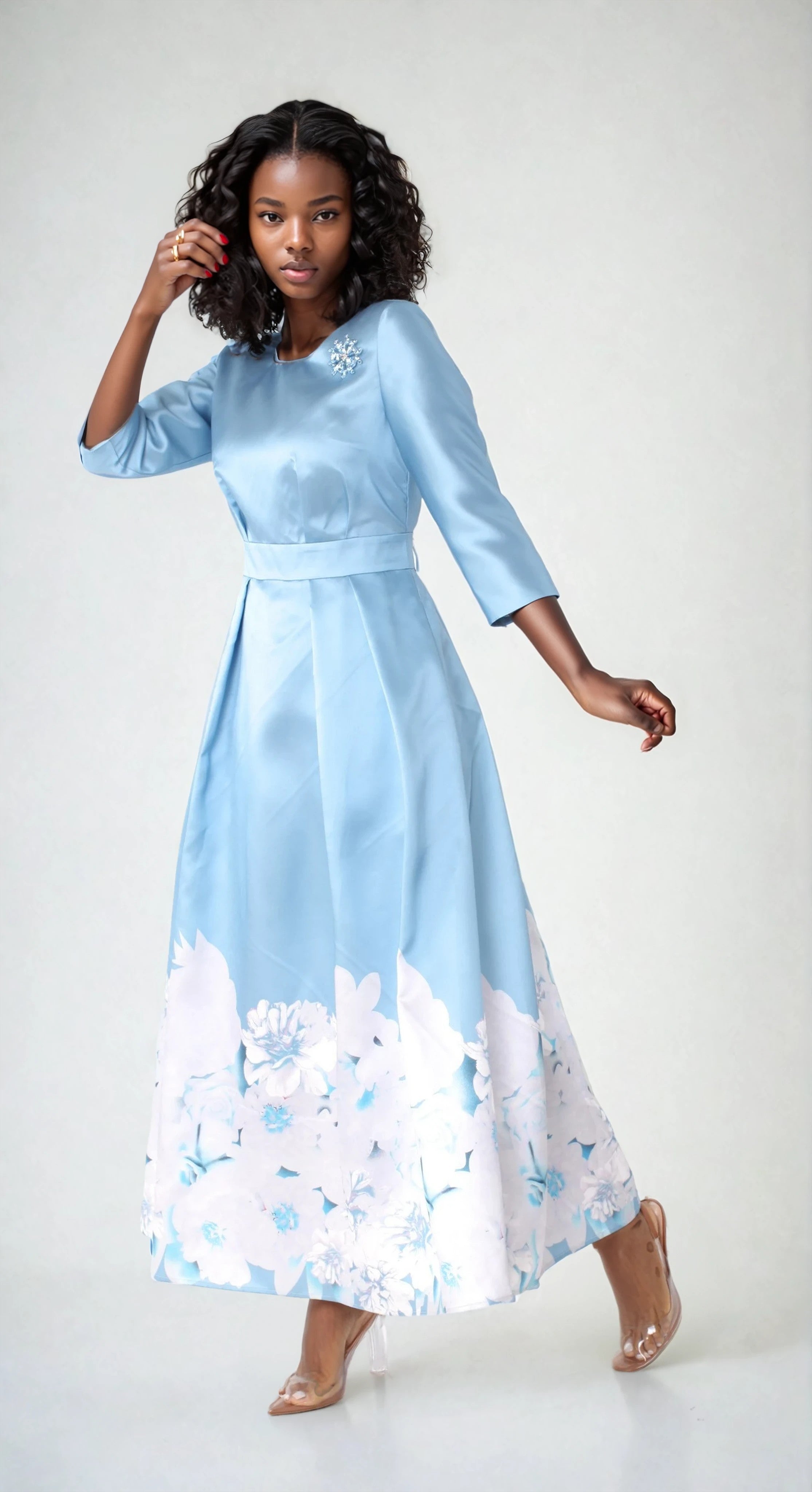 Plus Size Satin Dress with Rhinestone Brooch -4497W by Tally Taylor