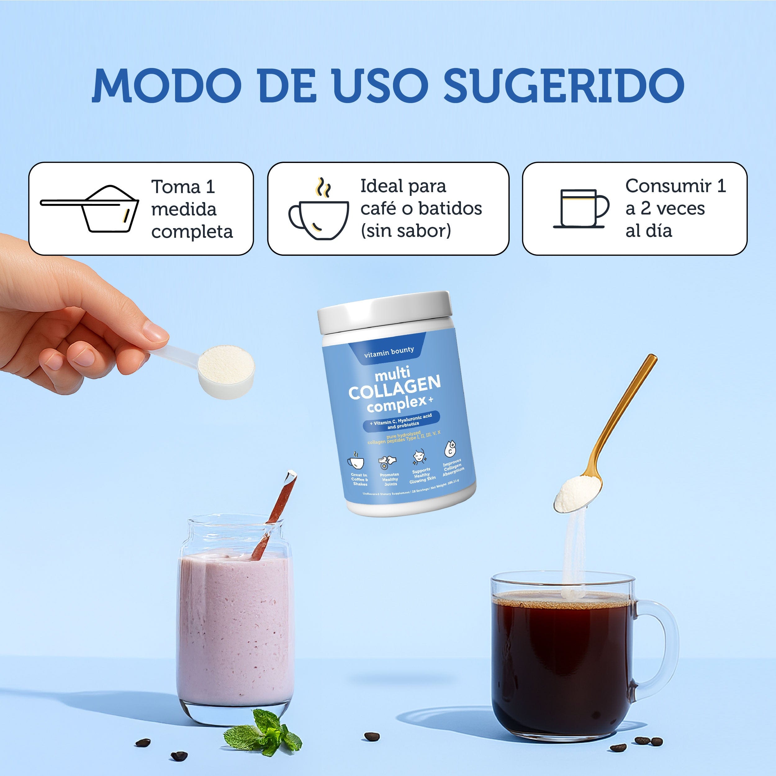 Colágeno Hidrolizado 5 en 1 con Ácido Hialurónico, Vitamina C y Probióticos by Vitamin Bounty