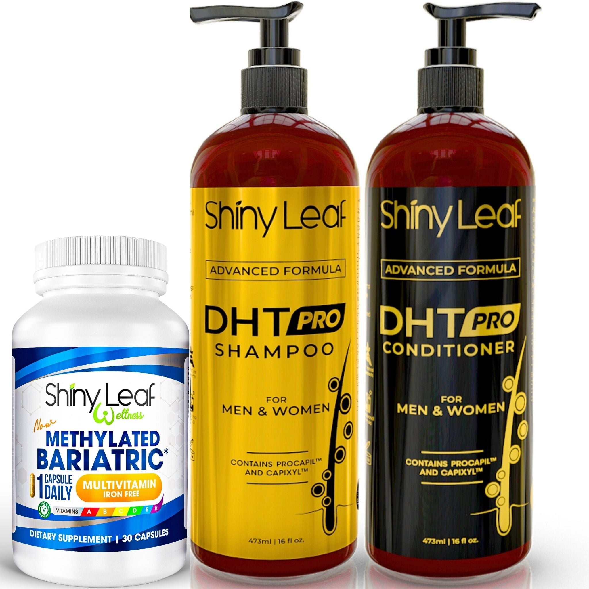 Bariatric Multivitamin Iron Free With DHT Pro Shampoo and Conditioner Hair Care Bundle by Shiny Leaf