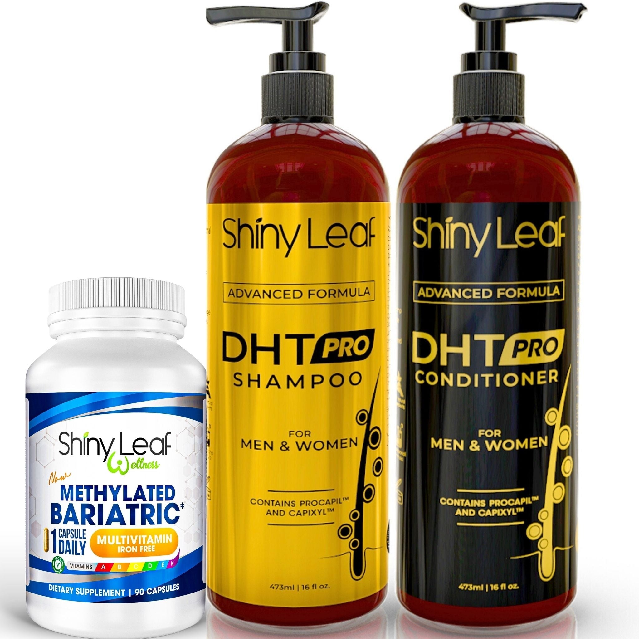 Bariatric Multivitamin Iron Free With DHT Pro Shampoo and Conditioner Hair Care Bundle by Shiny Leaf