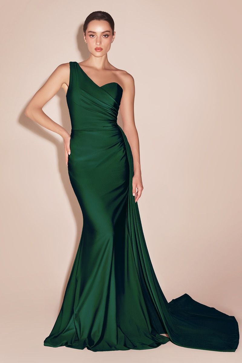 Ladivine PT004C Long Chic One Shoulder Stretch Satin Side Sash Gown by DiscountDressShop