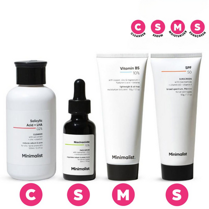 Minimalist Daily Skincare Routine CSMS (Cleanser, Serum, Moisturizer, Sunscreen) Combo For Oily &amp; Acne Prone Skin by Dista