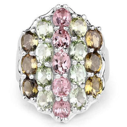 6.74 Carat Genuine Brown Tourmaline, Pink Tourmaline &amp; Green Tourmaline .925 Sterling Silver Ring