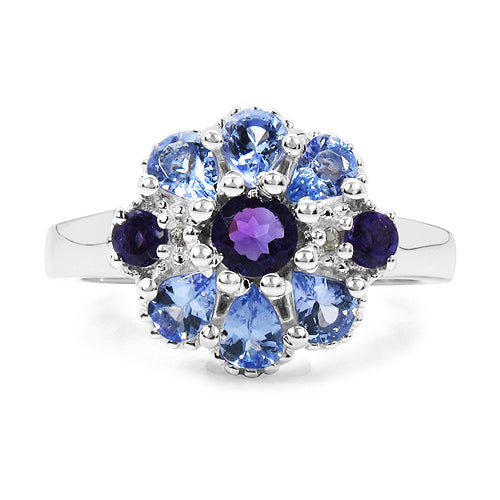 1.25 Carat Genuine Tanzanite, Amethyst &amp; White Topaz .925 Sterling Silver Ring