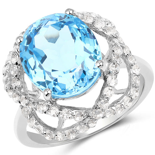 7.32 Carat Genuine Swiss Blue Topaz &amp; White Topaz .925 Sterling Silver Ring