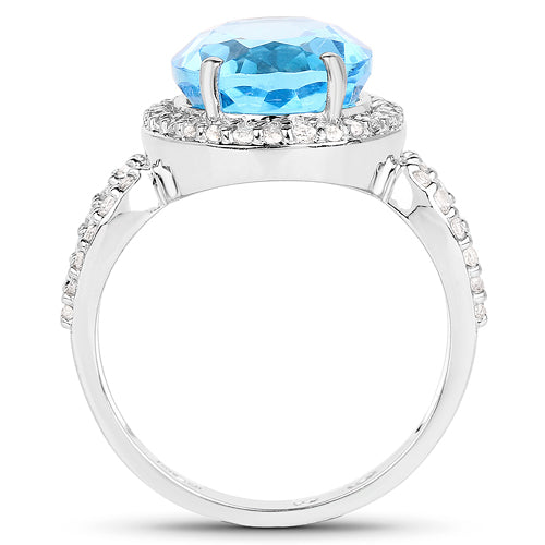 6.03 Carat Genuine Swiss Blue Topaz &amp; White Topaz .925 Sterling Silver Ring