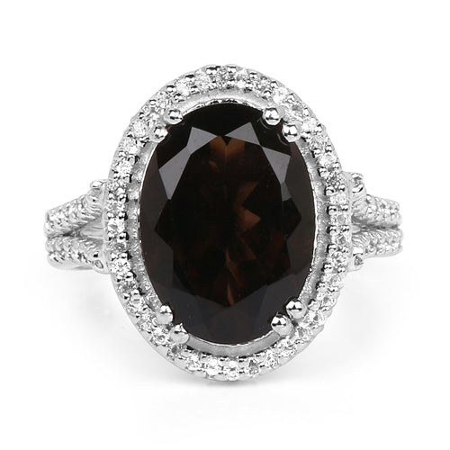 5.80 Carat Genuine Smoky Quartz &amp; White Topaz .925 Sterling Silver Ring