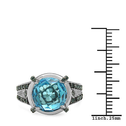 5.43 Carat Genuine Swiss Blue Topaz &amp; Blue Diamond .925 Sterling Silver Ring