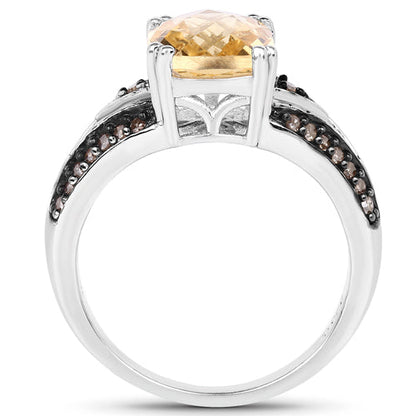 2.79 Carat Genuine Citrine, Champagne Diamond &amp; White Diamond .925 Sterling Silver Ring