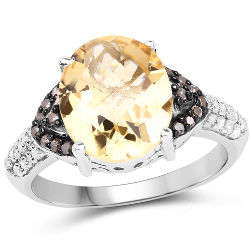 4.65 Carat Genuine Citrine, Champagne Diamond &amp; White Diamond .925 Sterling Silver Ring