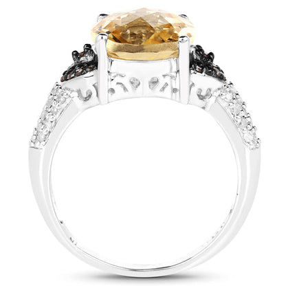 4.65 Carat Genuine Citrine, Champagne Diamond &amp; White Diamond .925 Sterling Silver Ring