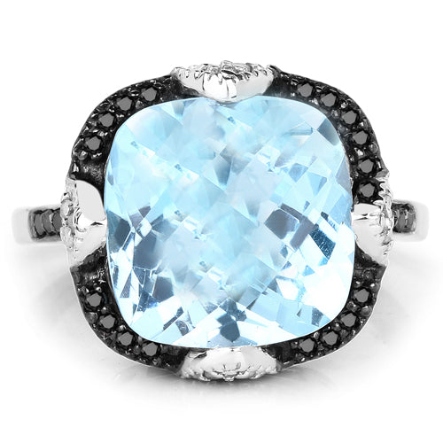 8.29 Carat Genuine Swiss Blue Topaz, Black Diamond &amp; White Diamond .925 Sterling Silver Ring