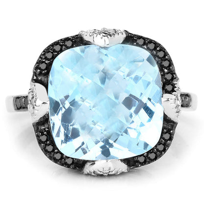 8.29 Carat Genuine Swiss Blue Topaz, Black Diamond &amp; White Diamond .925 Sterling Silver Ring