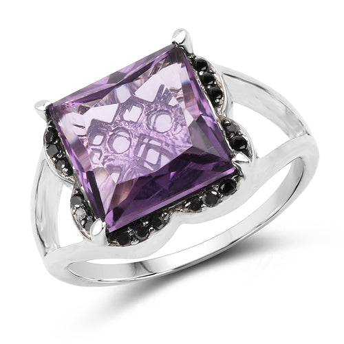 4.58 Carat Genuine Amethyst &amp; Black Diamond .925 Sterling Silver Ring