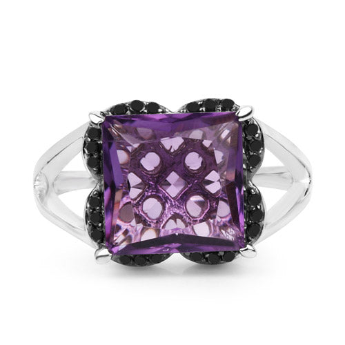 4.58 Carat Genuine Amethyst &amp; Black Diamond .925 Sterling Silver Ring
