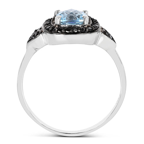 1.19 Carat Genuine Swiss Blue Topaz &amp; Black Diamond .925 Sterling Silver Ring