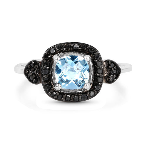1.19 Carat Genuine Swiss Blue Topaz &amp; Black Diamond .925 Sterling Silver Ring