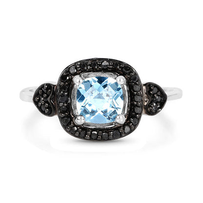 1.19 Carat Genuine Swiss Blue Topaz &amp; Black Diamond .925 Sterling Silver Ring