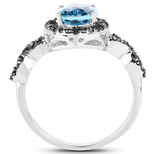 2.92 Carat Genuine Blue Topaz, Black Diamond &amp; White Diamond .925 Sterling Silver Ring