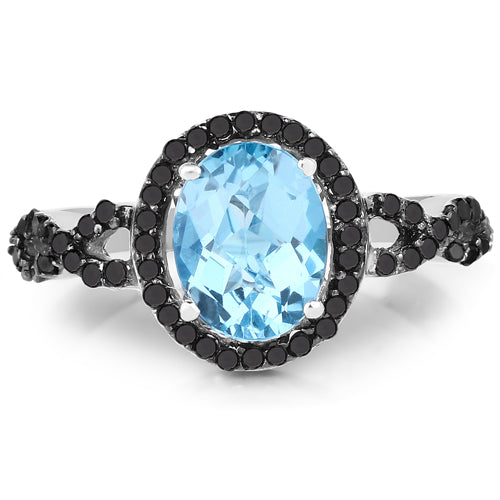 2.92 Carat Genuine Blue Topaz, Black Diamond &amp; White Diamond .925 Sterling Silver Ring