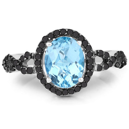 2.92 Carat Genuine Blue Topaz, Black Diamond &amp; White Diamond .925 Sterling Silver Ring