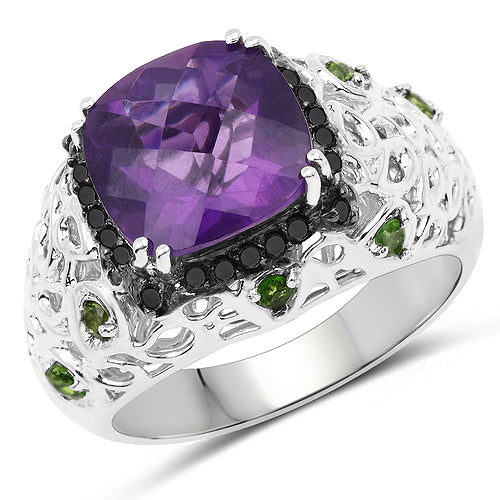 3.27 Carat Genuine Amethyst, Chrome Diopside &amp; Black Diamond .925 Sterling Silver Ring