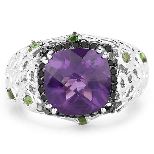 3.27 Carat Genuine Amethyst, Chrome Diopside &amp; Black Diamond .925 Sterling Silver Ring