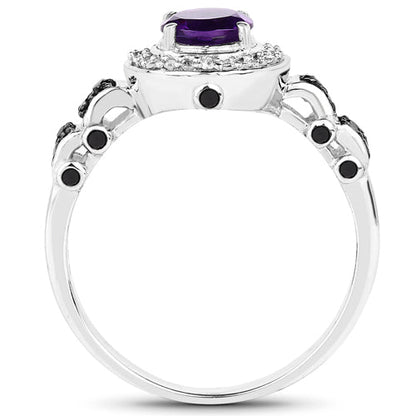 1.02 Carat Genuine Amethyst, Black Diamond &amp; White Diamond .925 Sterling Silver Ring