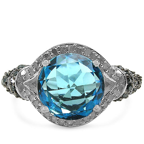 4.96 Carat Genuine Blue Topaz, Blue Diamond &amp; White Diamond .925 Sterling Silver Ring
