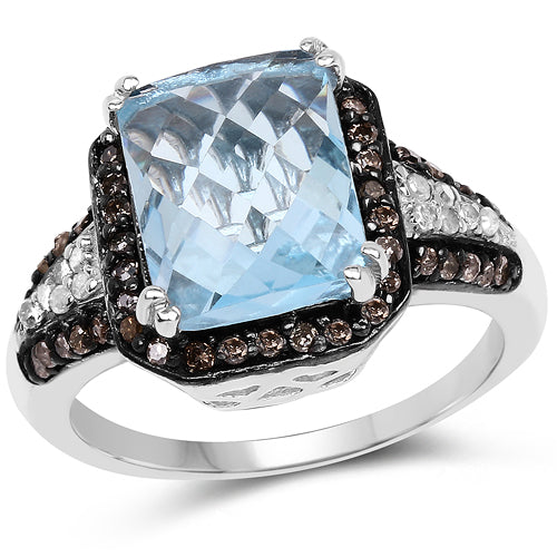 4.33 Carat Genuine Swiss Blue Topaz, Champagne Diamond &amp; White Diamond .925 Sterling Silver Ring